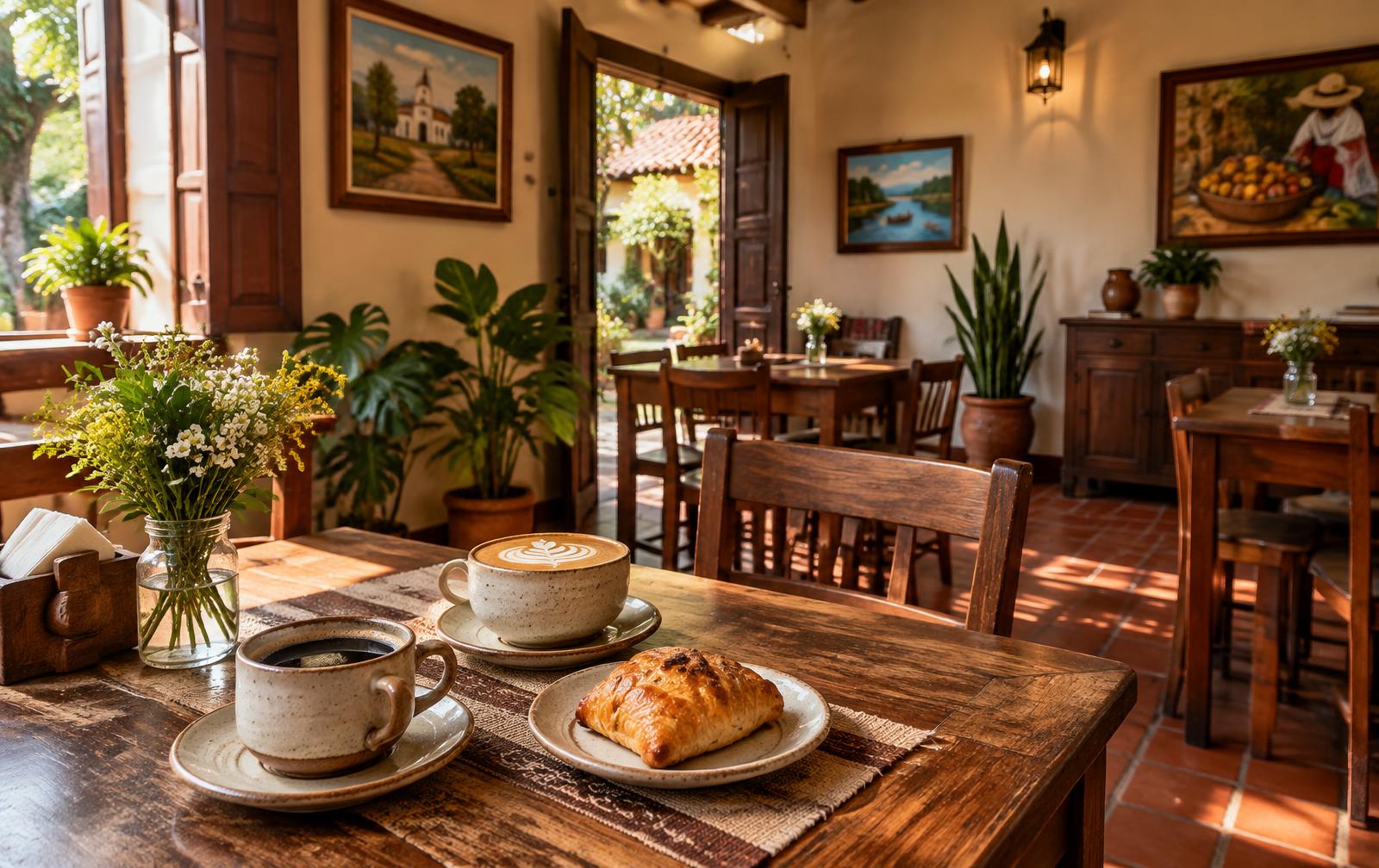 El salón de Andrade con café, una medialuna y cuadros en las paredes
